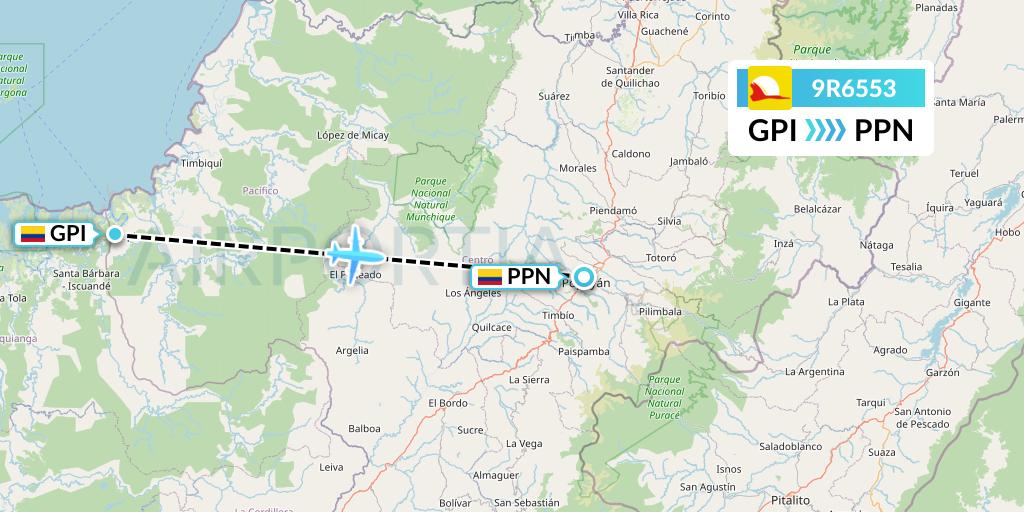 9R6553 Satena Flight Map: Guapi to Popayan