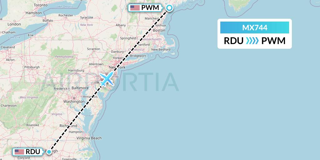 MX744 Breeze Airways Flight Map: Raleigh-Durham to Portland