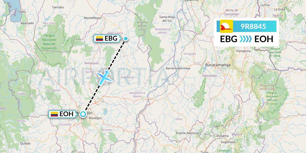 9R8845 Satena Flight Map: El Bagre to Medellin