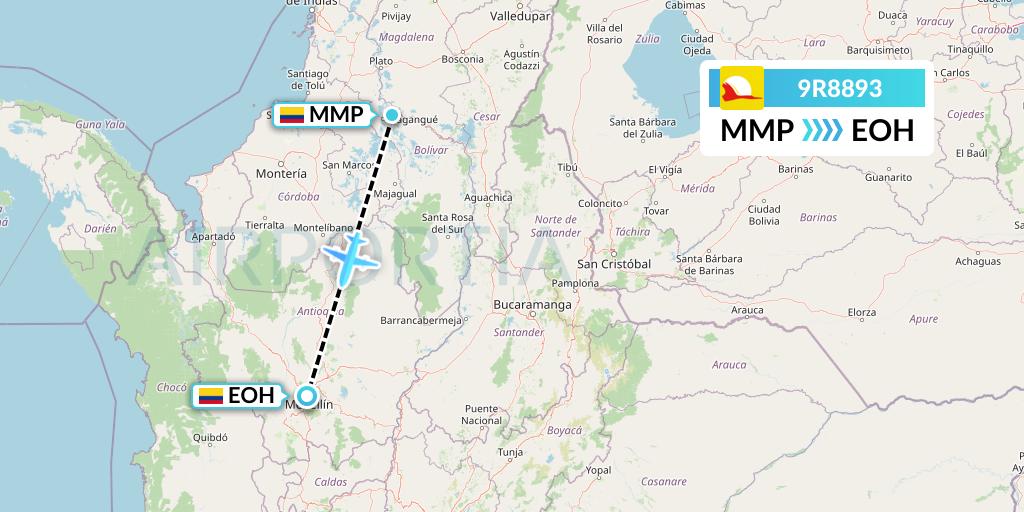 9R8893 Satena Flight Map: Limon to Medellin