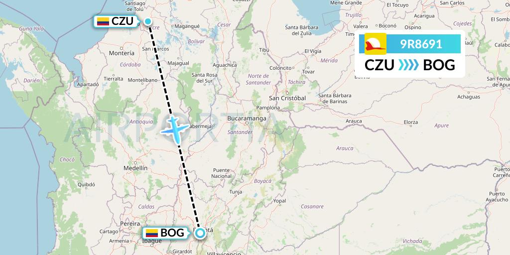9R8691 Satena Flight Map: Corozal to Bogota