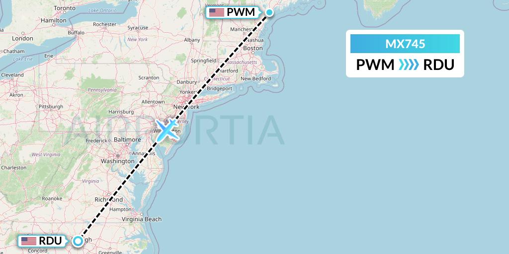 MX745 Breeze Airways Flight Map: Portland to Raleigh-Durham