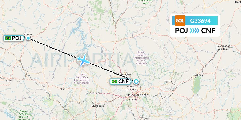 G33694 GOL Transportes Aeros Flight Map: Patos de Minas to Belo Horizonte
