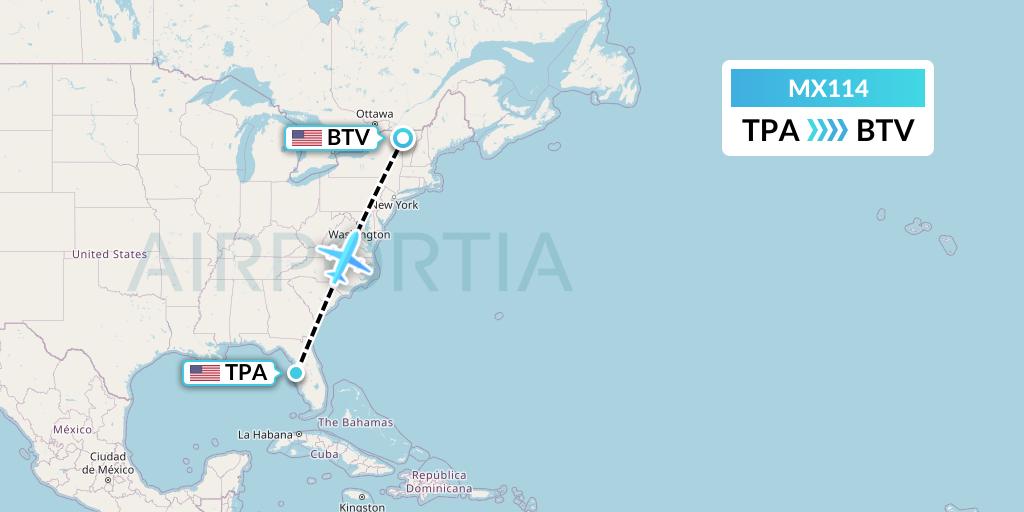 MX114 Breeze Airways Flight Map: Tampa to Burlington