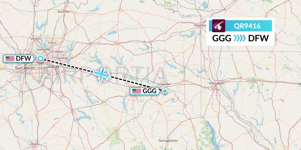 QR9416 Qatar Airways Flight Map: Longview to Dallas