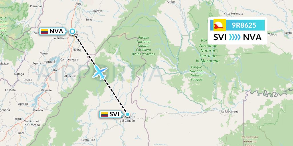 9R8625 Satena Flight Map: San Vicente Del Caguan to Neiva