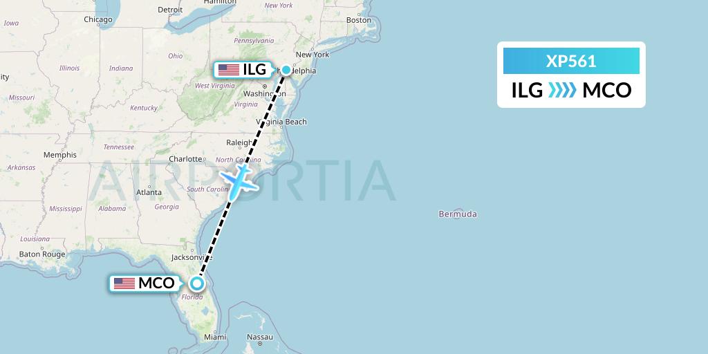 XP561 Avelo Airlines Flight Map: Wilmington to Orlando