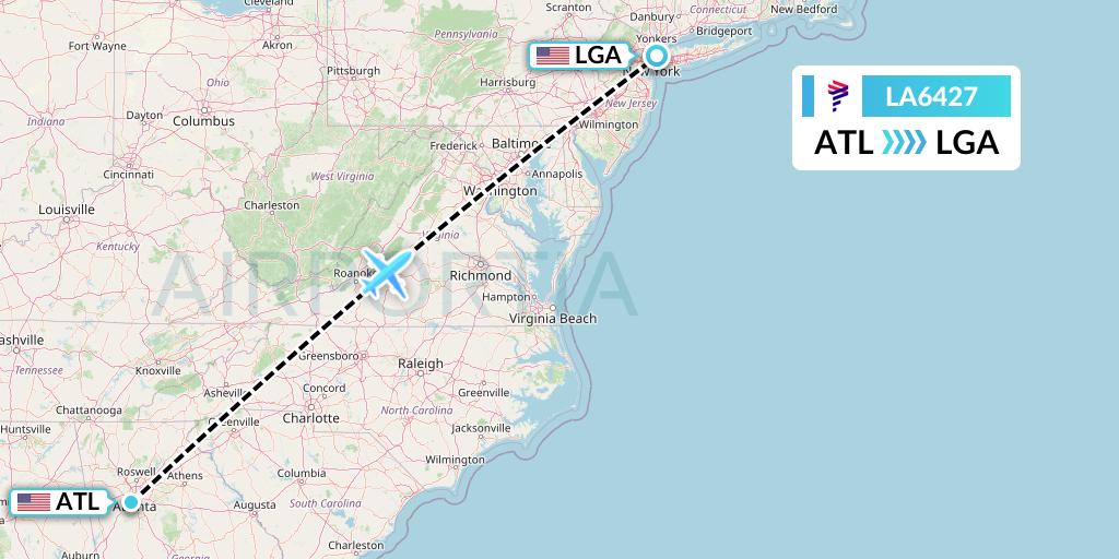 LA6427 LAN Airlines Flight Map: Atlanta to New York