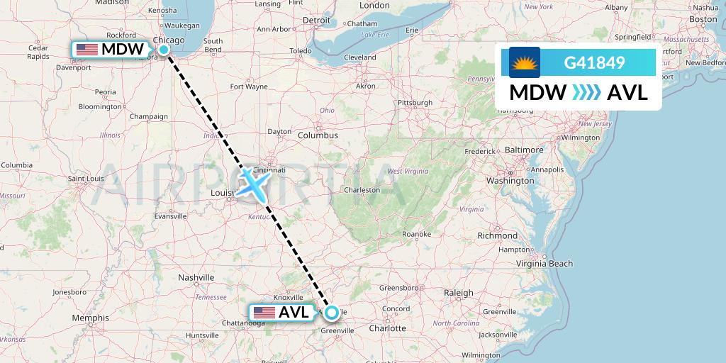 G41849 Allegiant Air Flight Map: Chicago to Asheville