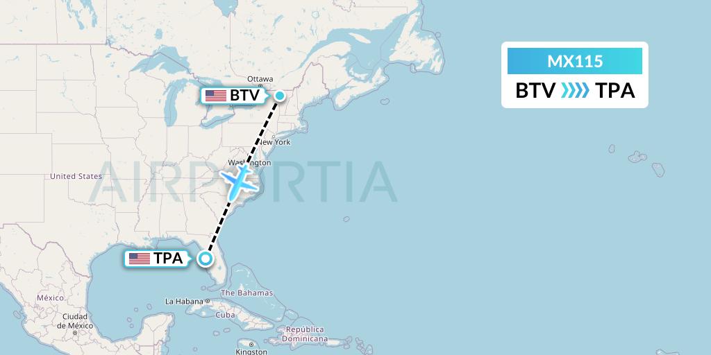 MX115 Breeze Airways Flight Map: Burlington to Tampa