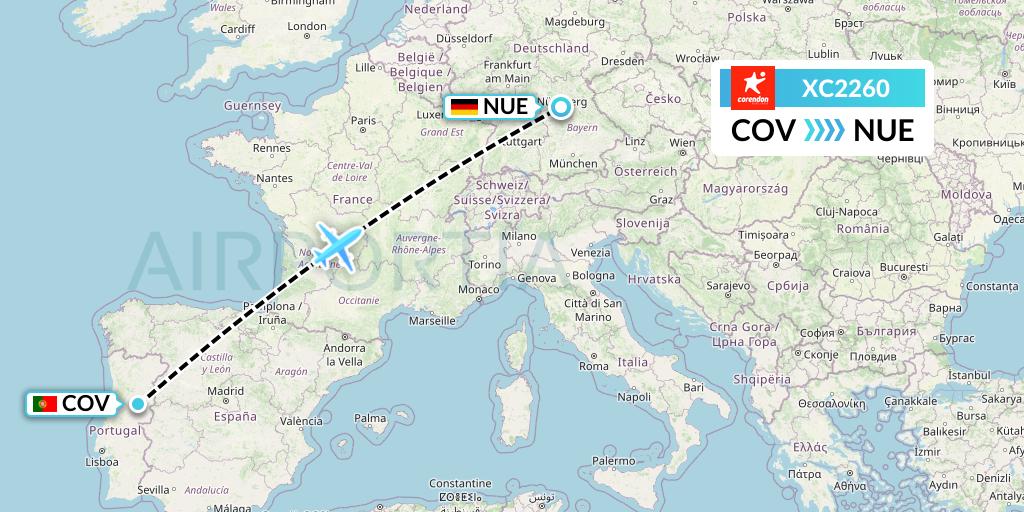 XC2260 Corendon Airlines Flight Map: Portugal to Nurnberg