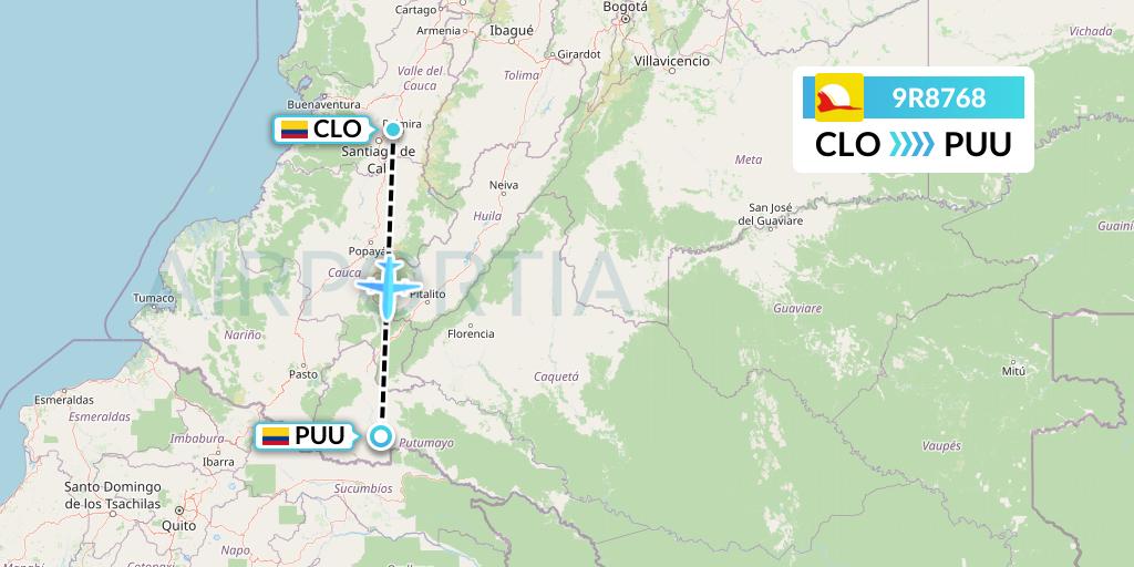 9R8768 Satena Flight Map: Cali to Puerto Asis