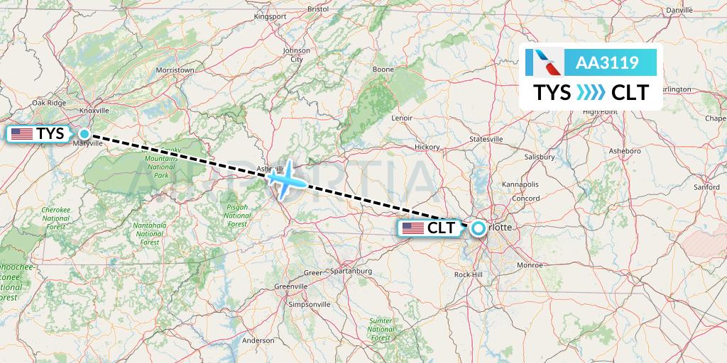 AA3119 American Airlines Flight Map: Knoxville to Charlotte