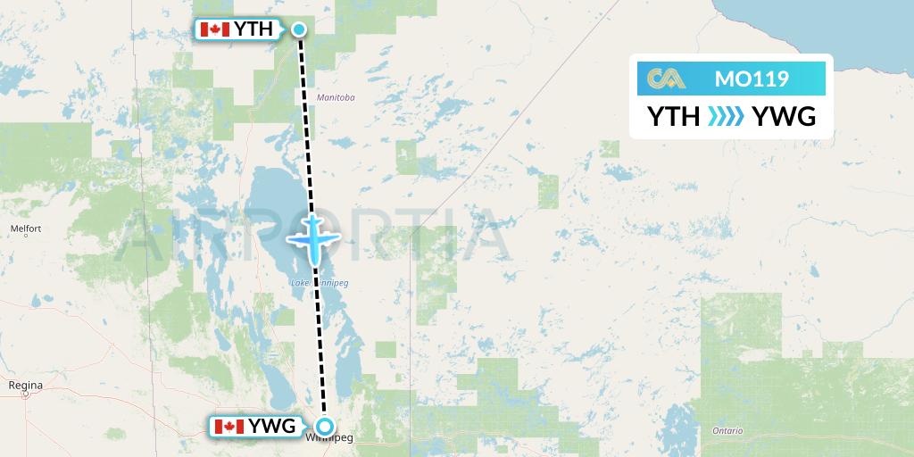 MO119 Calm Air Flight Map: Thompson to Winnipeg