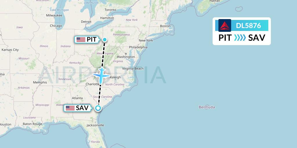DL5876 Delta Air Lines Flight Map: Pittsburgh to Savannah