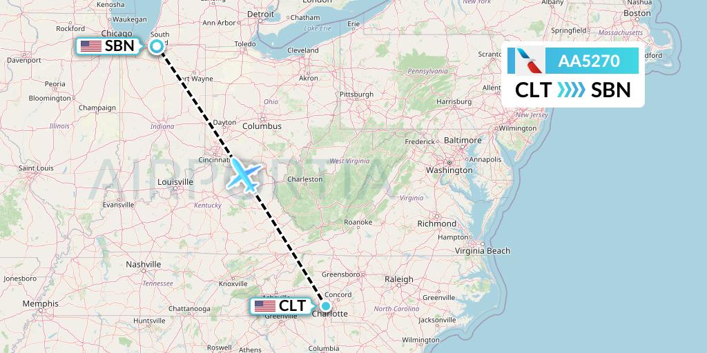 AA5270 American Airlines Flight Map: Charlotte to South Bend