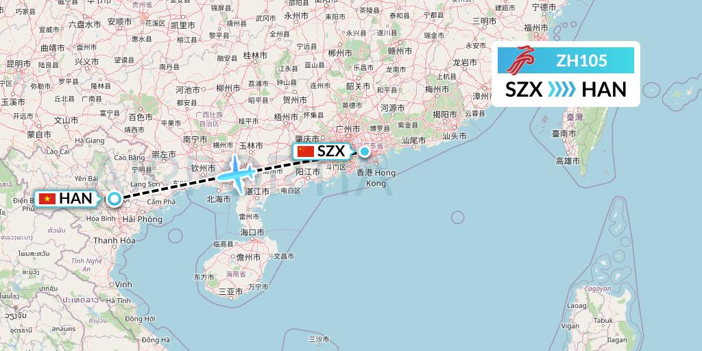 ZH105 Shenzhen Airlines Flight Map: Shenzhen to Hanoi