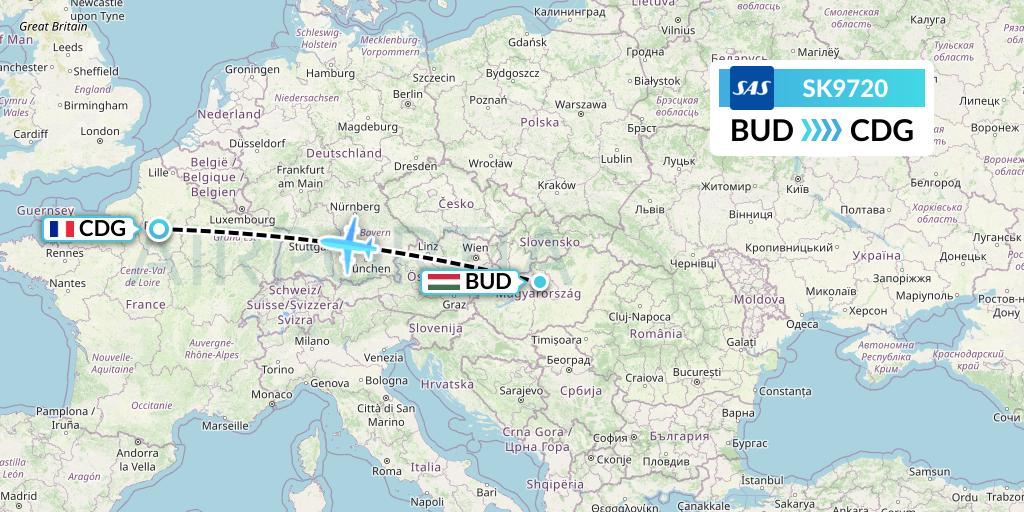 SK9720 SAS Flight Map: Budapest to Paris