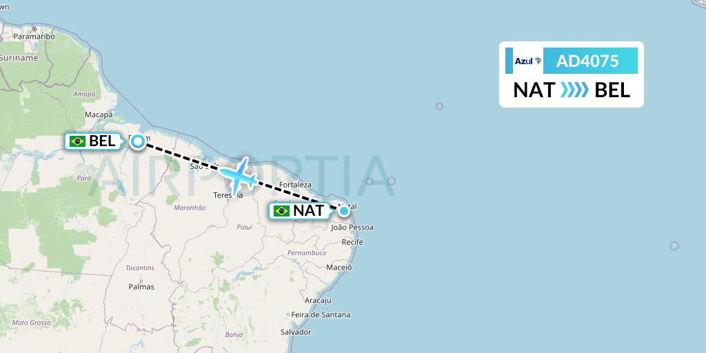 AD4075 Azul Brazilian Airlines Flight Map: Natal to Belem