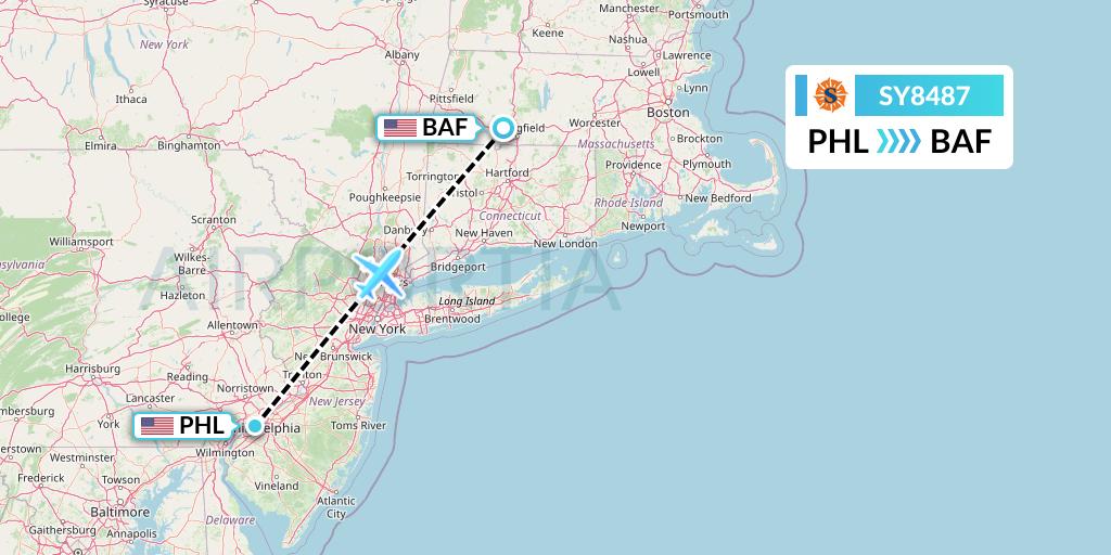 SY8487 Sun Country Airlines Flight Map: Philadelphia to Westfield