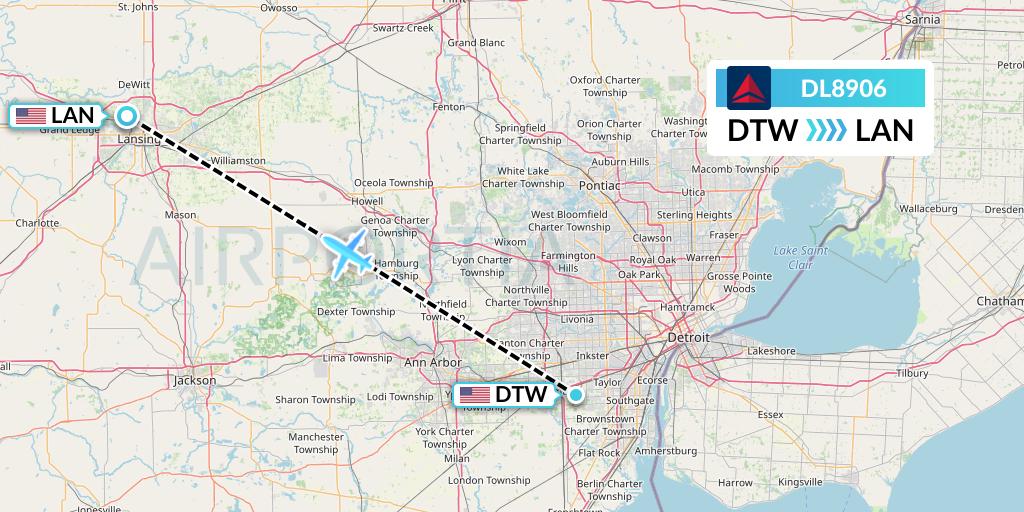DL8906 Delta Air Lines Flight Map: Detroit to Lansing