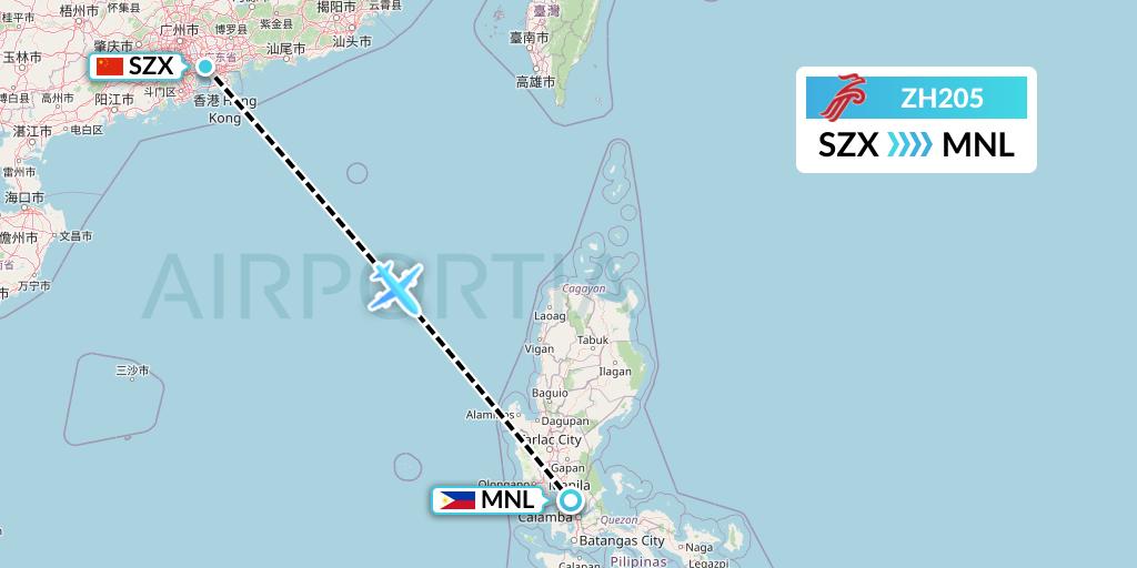 ZH205 Shenzhen Airlines Flight Map: Shenzhen to Manila