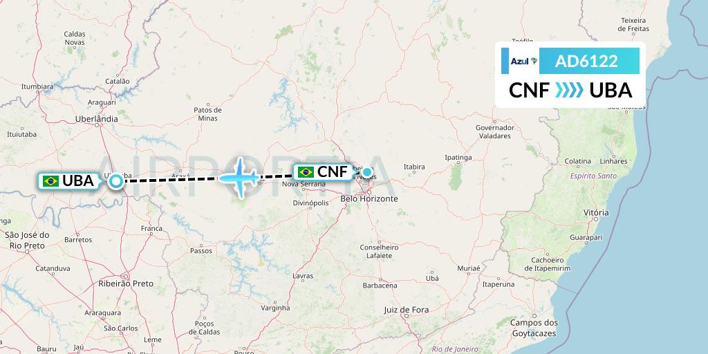 AD6122 Azul Brazilian Airlines Flight Map: Belo Horizonte to Uberaba