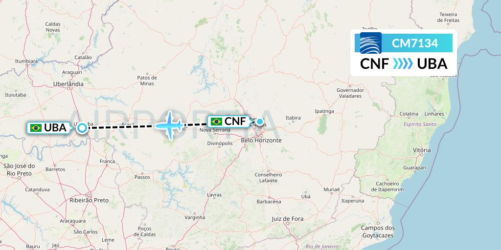 CM7134 Copa Airlines Flight Map: Belo Horizonte to Uberaba