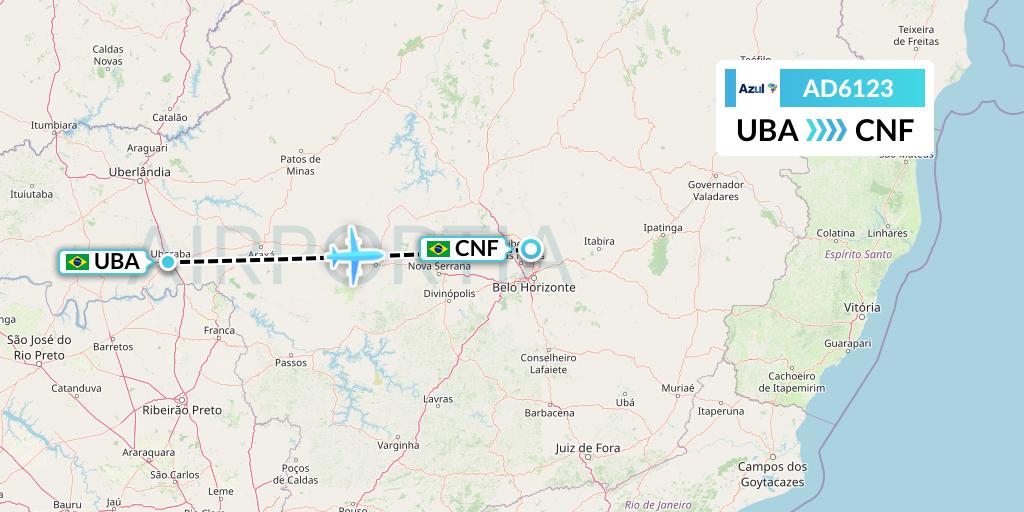 AD6123 Azul Brazilian Airlines Flight Map: Uberaba to Belo Horizonte