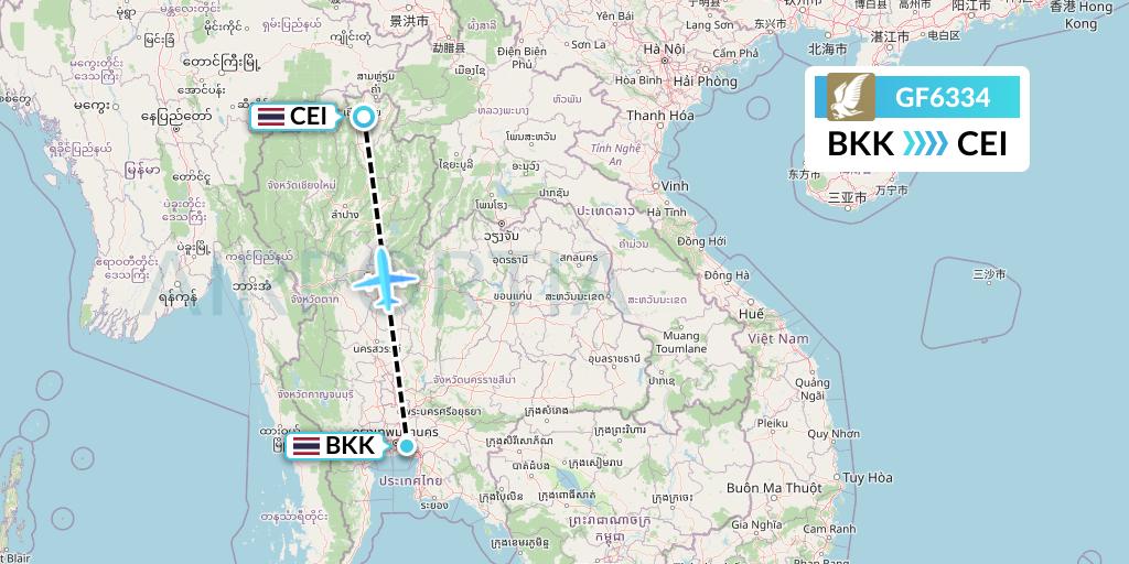 GF6334 Gulf Air Flight Map: Bangkok to Chiang Rai