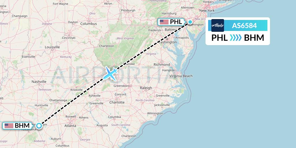 AS6584 Alaska Airlines Flight Map: Philadelphia to Birmingham