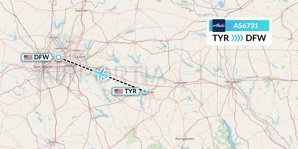 AS6731 Alaska Airlines Flight Map: Tyler to Dallas