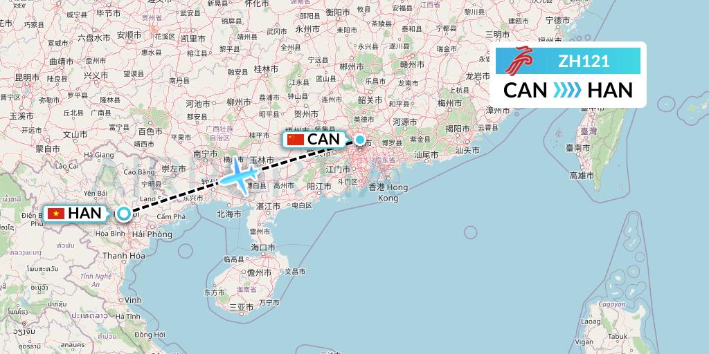 ZH121 Shenzhen Airlines Flight Map: Guangzhou to Hanoi