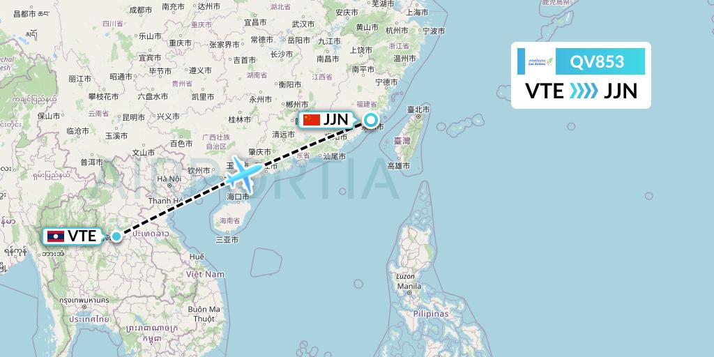 QV853 Lao Airlines Flight Map: Vientiane to Jinjiang
