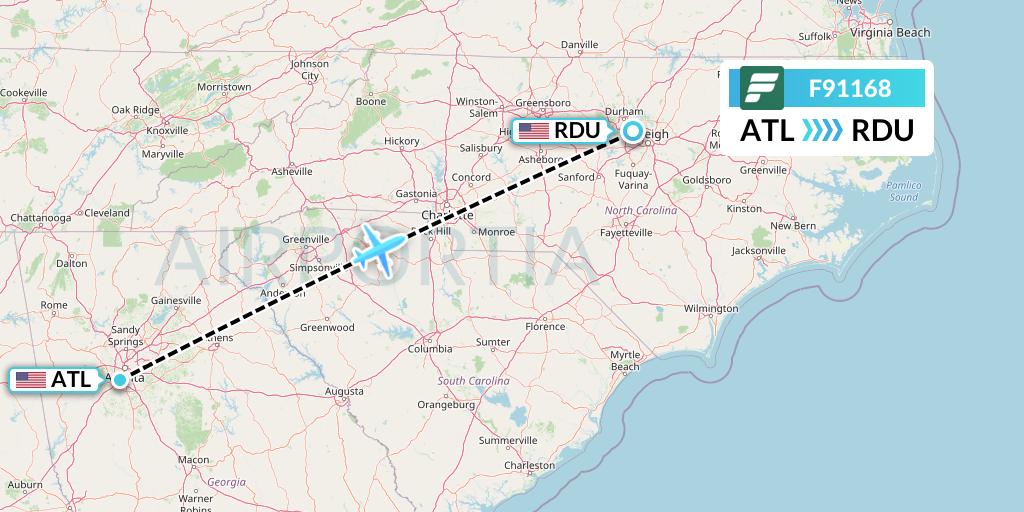 F91168 Frontier Airlines Flight Map: Atlanta to Raleigh-Durham