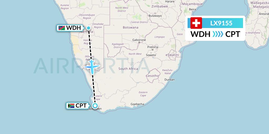 LX9155 Swiss Flight Map: Windhoek to Cape Town