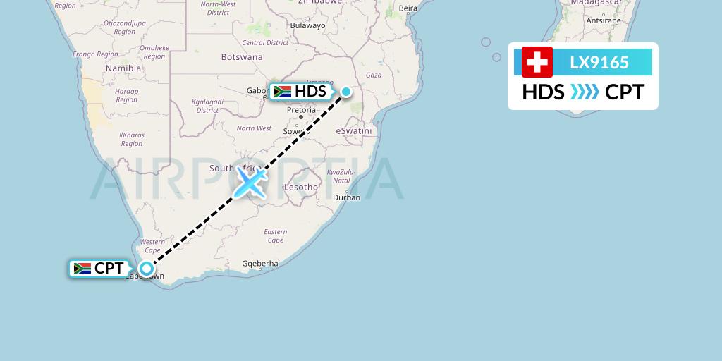 LX9165 Swiss Flight Map: Hoedspruit to Cape Town