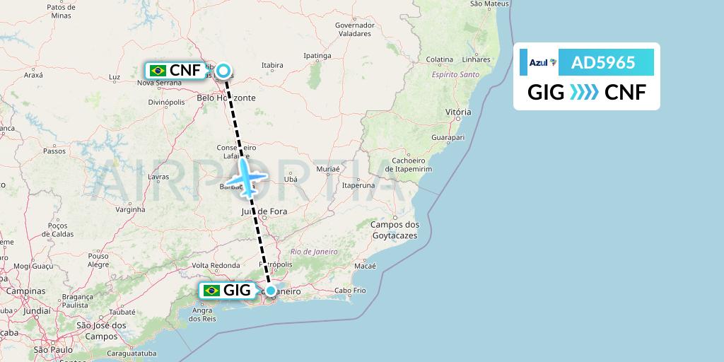 AD5965 Azul Brazilian Airlines Flight Map: Rio de Janeiro to Belo Horizonte