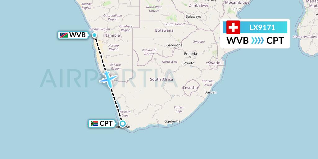 LX9171 Swiss Flight Map: Walvis Bay to Cape Town