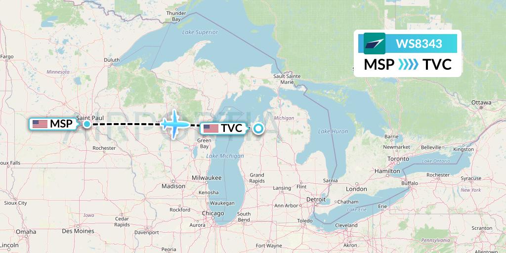 WS8343 WestJet Flight Map: Minneapolis to Traverse City