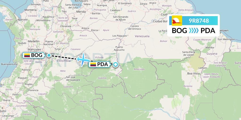 9R8748 Satena Flight Map: Bogota to Puerto Inirida