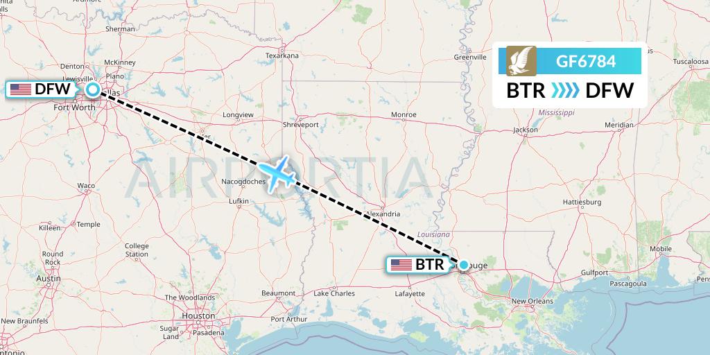 GF6784 Gulf Air Flight Map: Baton Rouge to Dallas