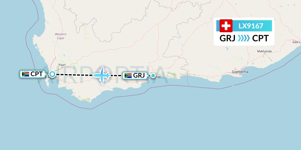 LX9167 Swiss Flight Map: George to Cape Town