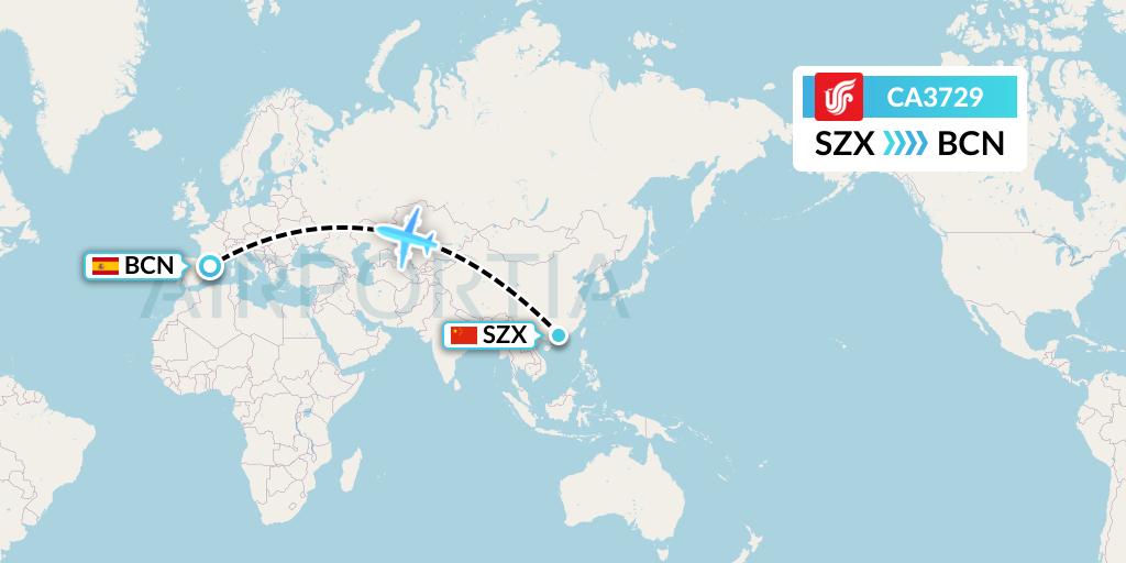 CA3729 Air China Flight Map: Shenzhen to Barcelona