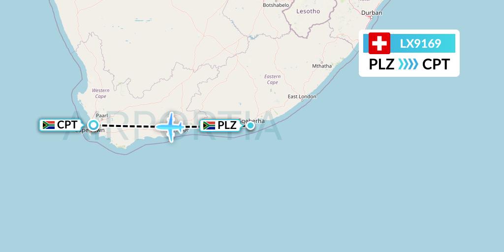 LX9169 Swiss Flight Map: Port Elizabeth to Cape Town