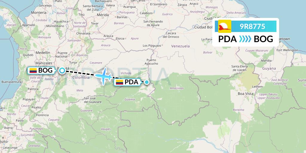 9R8775 Satena Flight Map: Puerto Inirida to Bogota