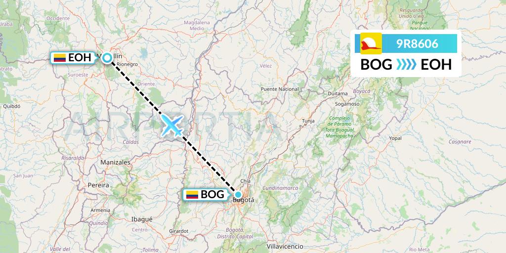 9R8606 Satena Flight Map: Bogota to Medellin
