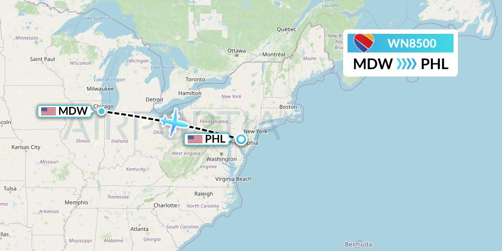 WN8500 Southwest Airlines Flight Map: Chicago to Philadelphia