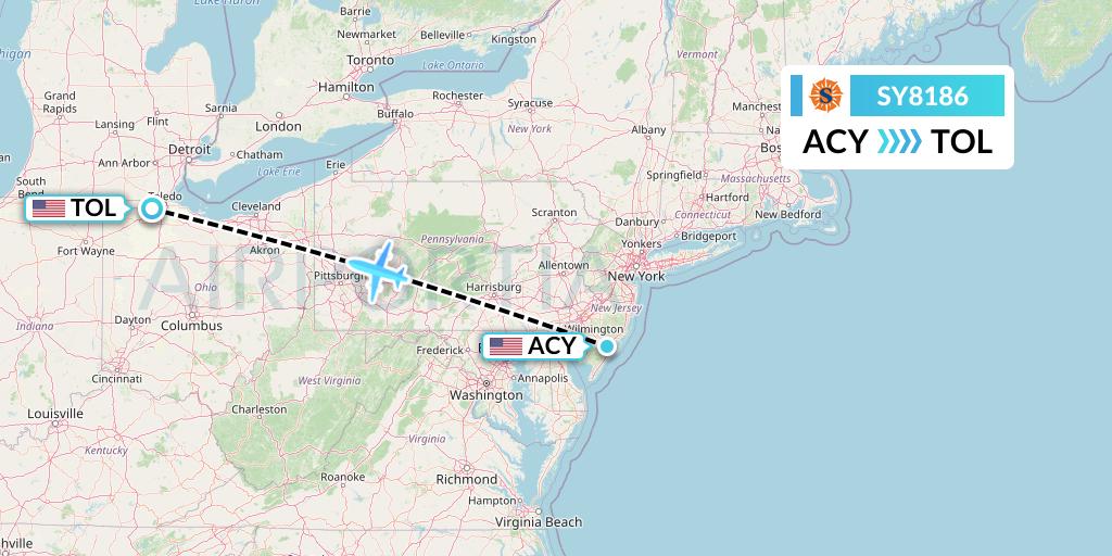 SY8186 Sun Country Airlines Flight Map: Atlantic City to Toledo