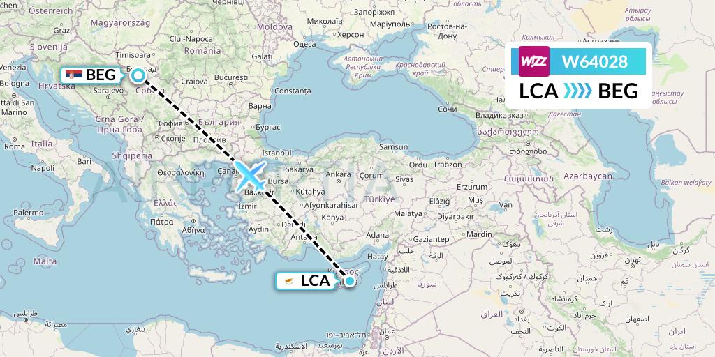 W64028 Wizz Air Flight Map: Larnaca to Belgrade